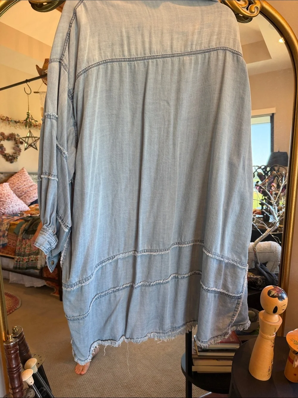 Three Bird Nest Light Blue Distressed Denim Midi Dress - Picture 3 of 3